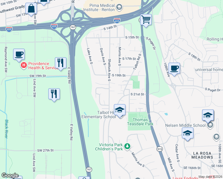 map of restaurants, bars, coffee shops, grocery stores, and more near 2008 Shattuck Avenue South in Renton