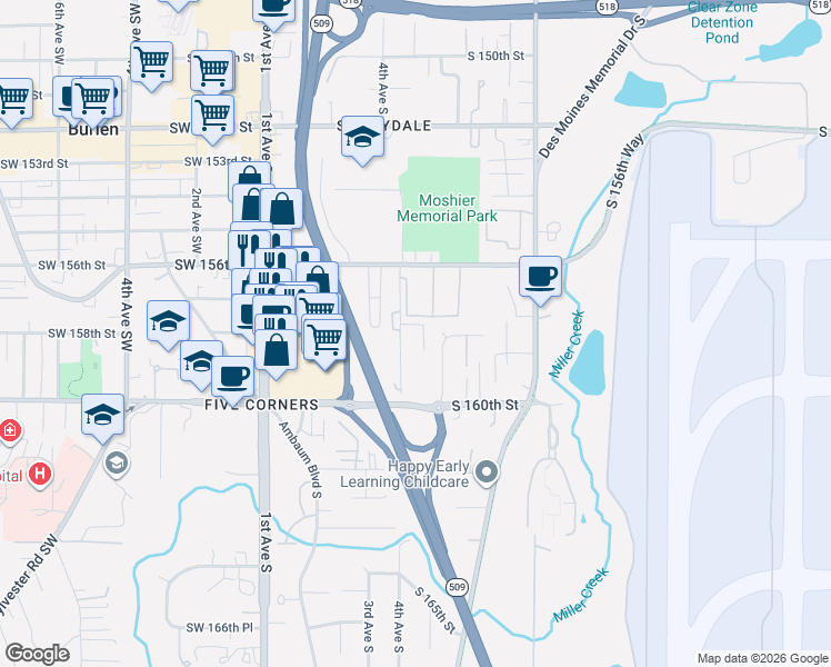 map of restaurants, bars, coffee shops, grocery stores, and more near 15800 4th Avenue South in Burien