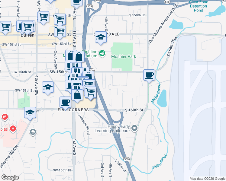 map of restaurants, bars, coffee shops, grocery stores, and more near 15800 4th Avenue South in Burien