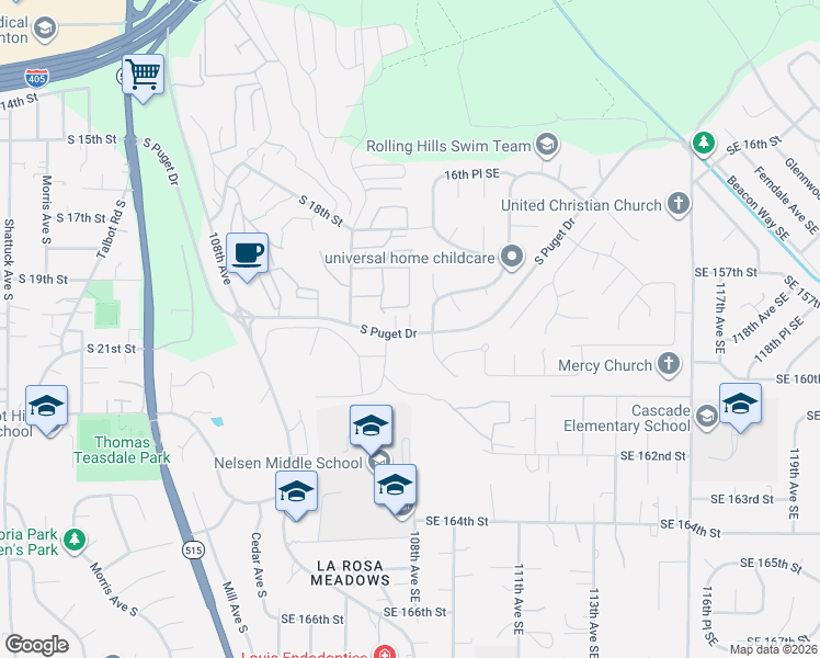 map of restaurants, bars, coffee shops, grocery stores, and more near 1510 South Puget Drive in Renton