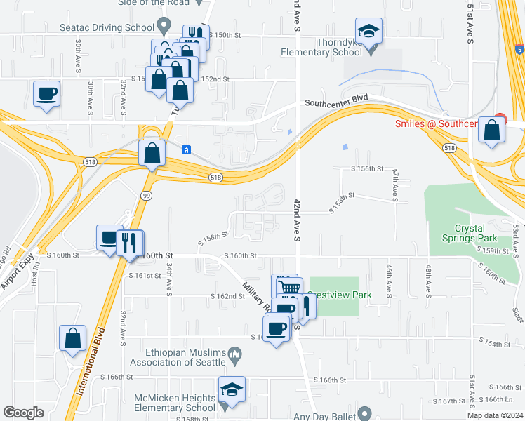 map of restaurants, bars, coffee shops, grocery stores, and more near 4004 South 158th Street in Seattle
