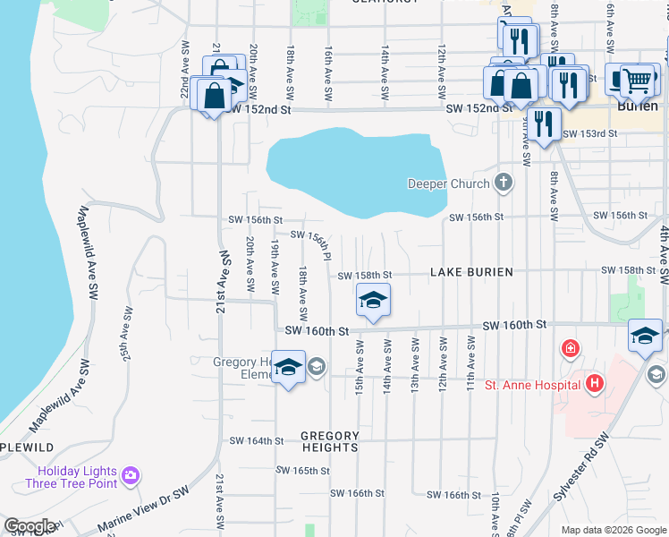 map of restaurants, bars, coffee shops, grocery stores, and more near 1520 Southwest 158th Street in Burien