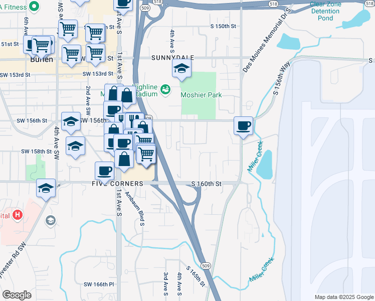 map of restaurants, bars, coffee shops, grocery stores, and more near 15800 4th Avenue South in Burien