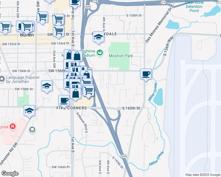 map of restaurants, bars, coffee shops, grocery stores, and more near 15800 4th Avenue South in Burien