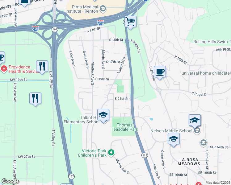 map of restaurants, bars, coffee shops, grocery stores, and more near 608 South 20th Place in Renton