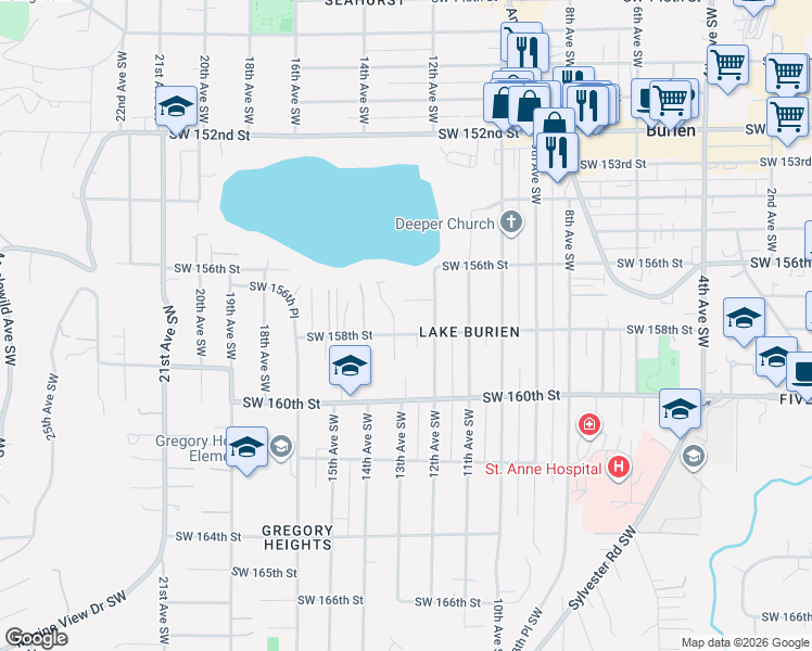 map of restaurants, bars, coffee shops, grocery stores, and more near 1210 Southwest 158th Street in Burien