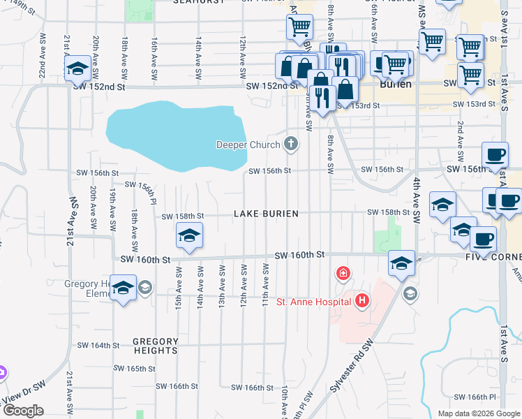 map of restaurants, bars, coffee shops, grocery stores, and more near 15655 11th Avenue Southwest in Burien