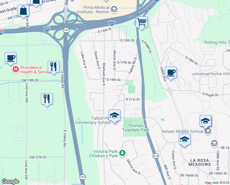 map of restaurants, bars, coffee shops, grocery stores, and more near 513 South 20th Street in Renton