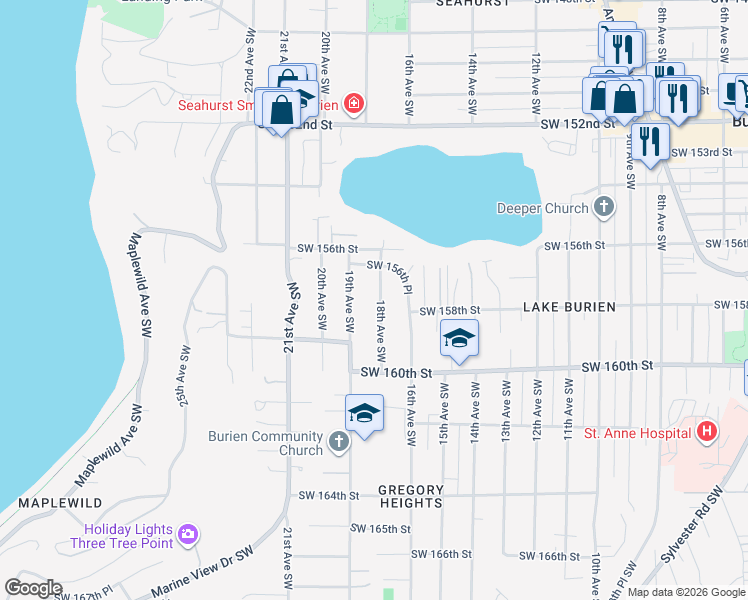 map of restaurants, bars, coffee shops, grocery stores, and more near 15633 18th Avenue Southwest in Burien