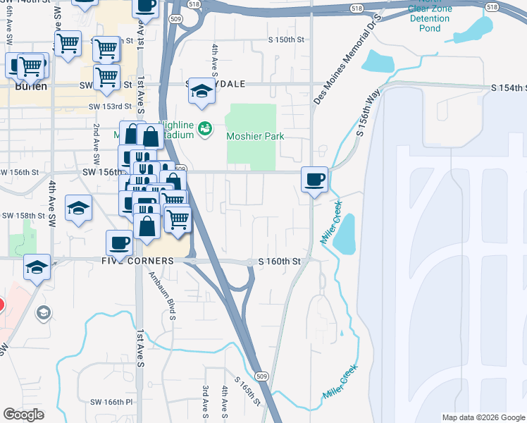 map of restaurants, bars, coffee shops, grocery stores, and more near 544 South 158th Street in Burien