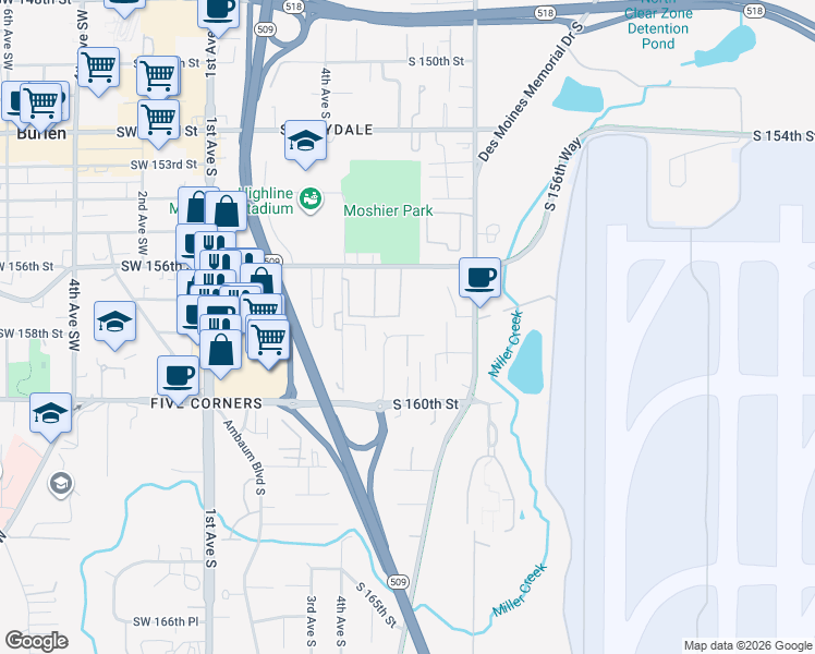 map of restaurants, bars, coffee shops, grocery stores, and more near 544 South 158th Street in Burien