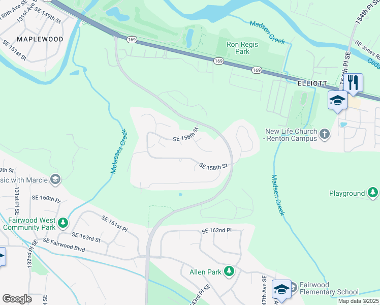 map of restaurants, bars, coffee shops, grocery stores, and more near 13942 Southeast 158th Street in Renton
