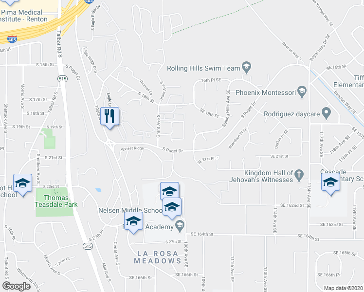 map of restaurants, bars, coffee shops, grocery stores, and more near 1504 South Puget Drive in Renton