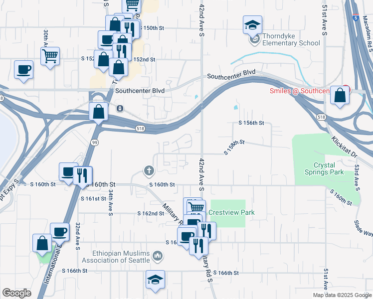 map of restaurants, bars, coffee shops, grocery stores, and more near 4018 South 158th Street in Tukwila
