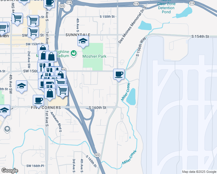 map of restaurants, bars, coffee shops, grocery stores, and more near 15811 7th Place South in Burien