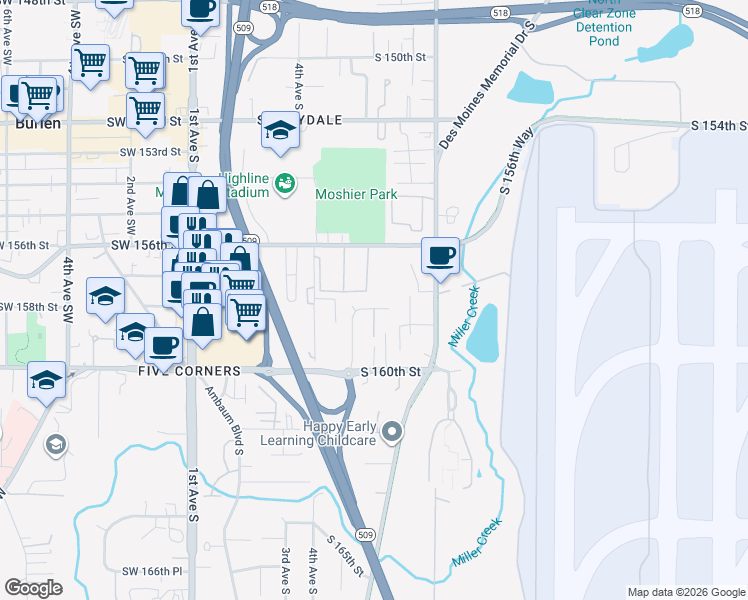 map of restaurants, bars, coffee shops, grocery stores, and more near 544 South 158th Street in Burien