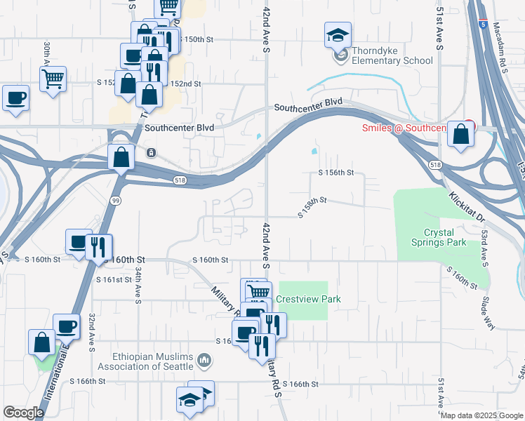 map of restaurants, bars, coffee shops, grocery stores, and more near 4066 South 158th Street in Tukwila