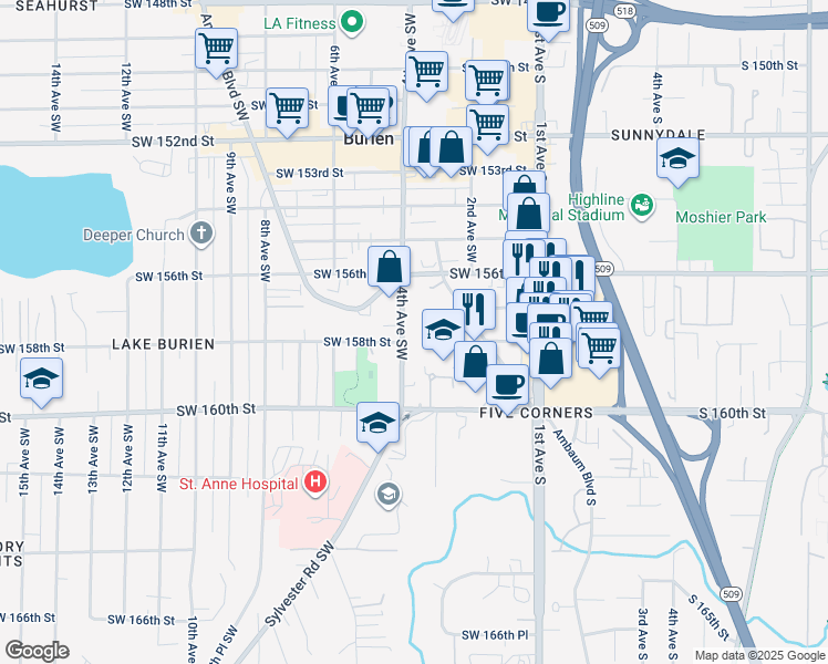 map of restaurants, bars, coffee shops, grocery stores, and more near 15804 4th Avenue Southwest in Burien