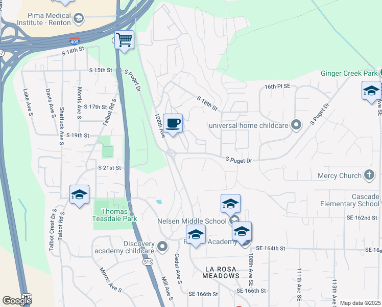 map of restaurants, bars, coffee shops, grocery stores, and more near 1301 South Puget Drive in Renton