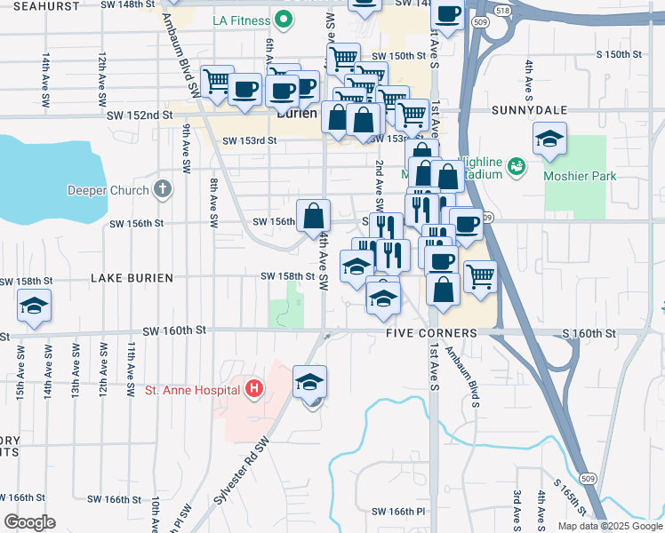map of restaurants, bars, coffee shops, grocery stores, and more near 15804 4th Avenue Southwest in Burien