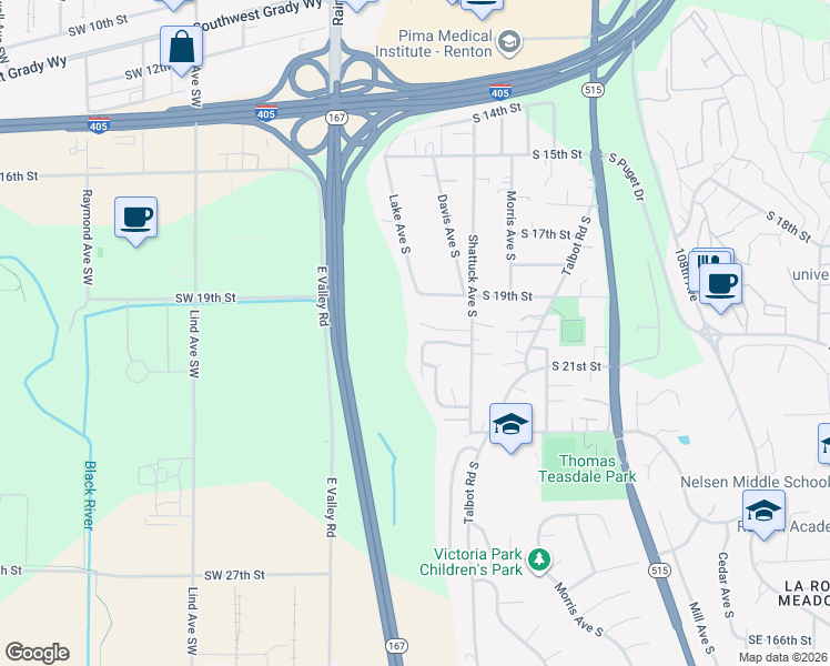 map of restaurants, bars, coffee shops, grocery stores, and more near 2011 Davis Avenue South in Renton