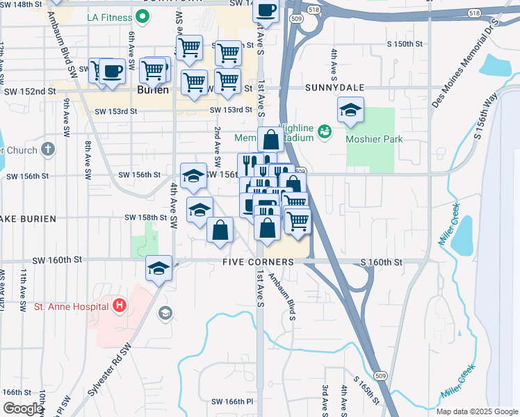 map of restaurants, bars, coffee shops, grocery stores, and more near 15840 1st Avenue South in Burien