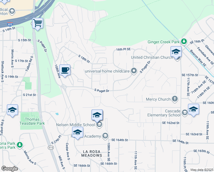 map of restaurants, bars, coffee shops, grocery stores, and more near 1504 South Puget Drive in Renton
