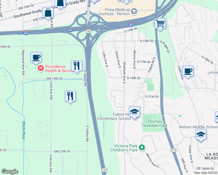 map of restaurants, bars, coffee shops, grocery stores, and more near 2011 Davis Avenue South in Renton