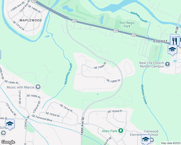 map of restaurants, bars, coffee shops, grocery stores, and more near 15606 139th Court Southeast in Renton