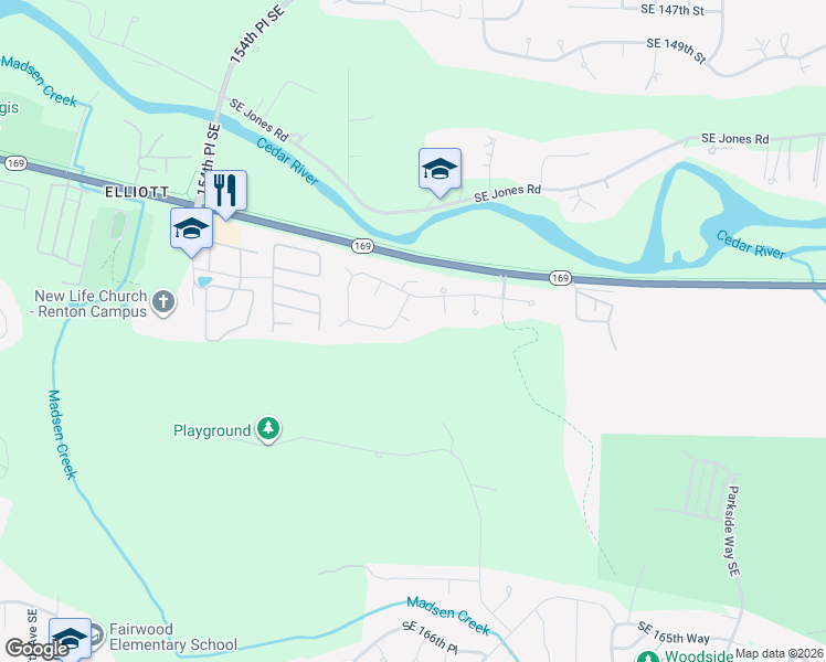 map of restaurants, bars, coffee shops, grocery stores, and more near 15827 Southeast 156th Court in Renton