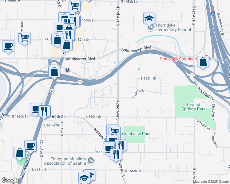 map of restaurants, bars, coffee shops, grocery stores, and more near 4066 South 158th Street in Tukwila