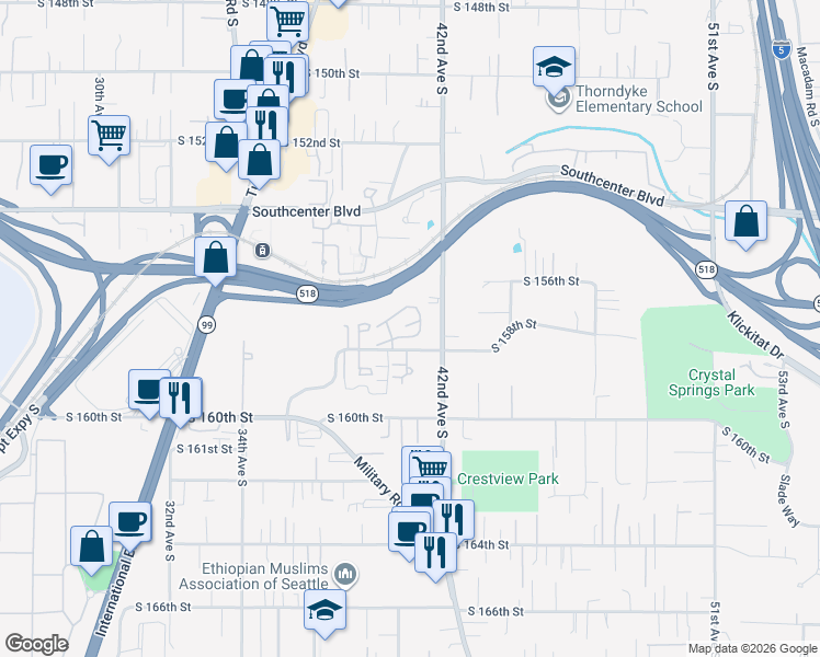 map of restaurants, bars, coffee shops, grocery stores, and more near 4018 South 158th Street in Tukwila