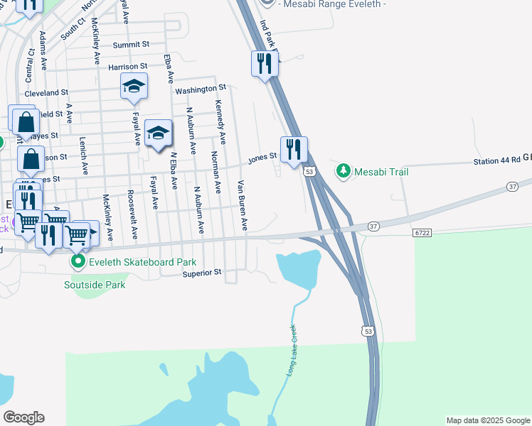 map of restaurants, bars, coffee shops, grocery stores, and more near 130 North Van Buren Avenue in Eveleth