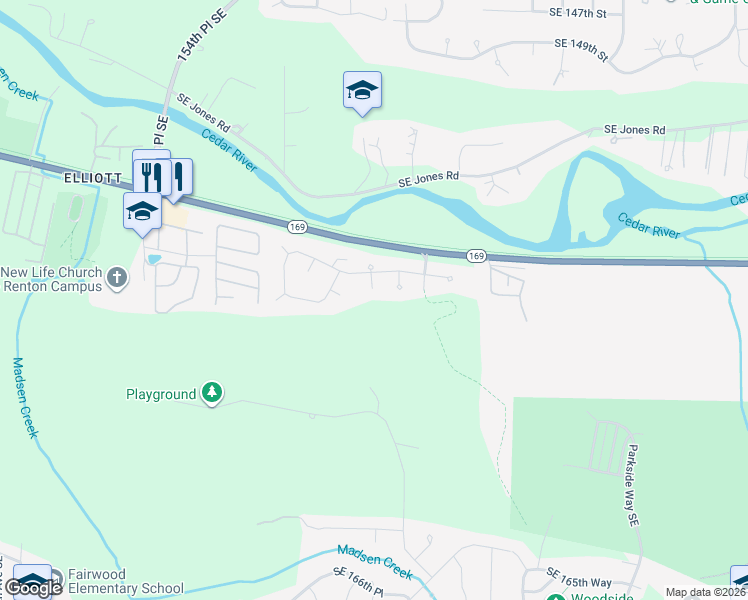 map of restaurants, bars, coffee shops, grocery stores, and more near 15827 Southeast 156th Court in Renton