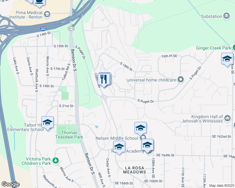 map of restaurants, bars, coffee shops, grocery stores, and more near 1301 South Puget Drive in Renton