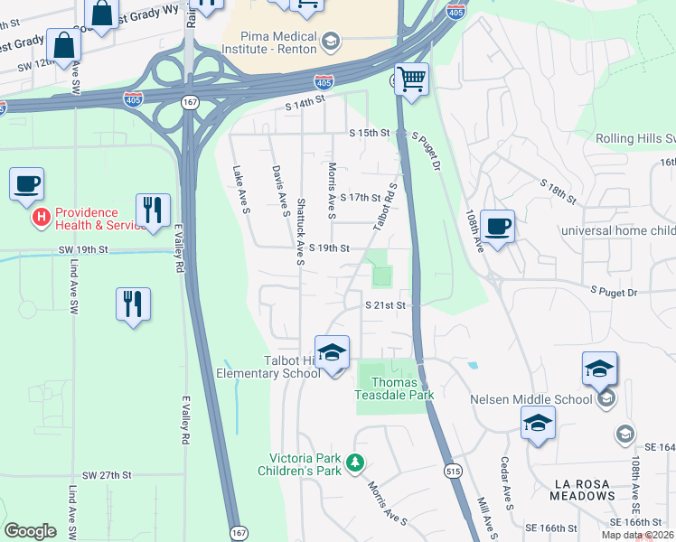 map of restaurants, bars, coffee shops, grocery stores, and more near 513 South 20th Street in Renton