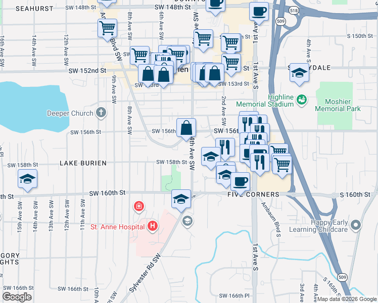 map of restaurants, bars, coffee shops, grocery stores, and more near 15804 5th Avenue Southwest in Burien