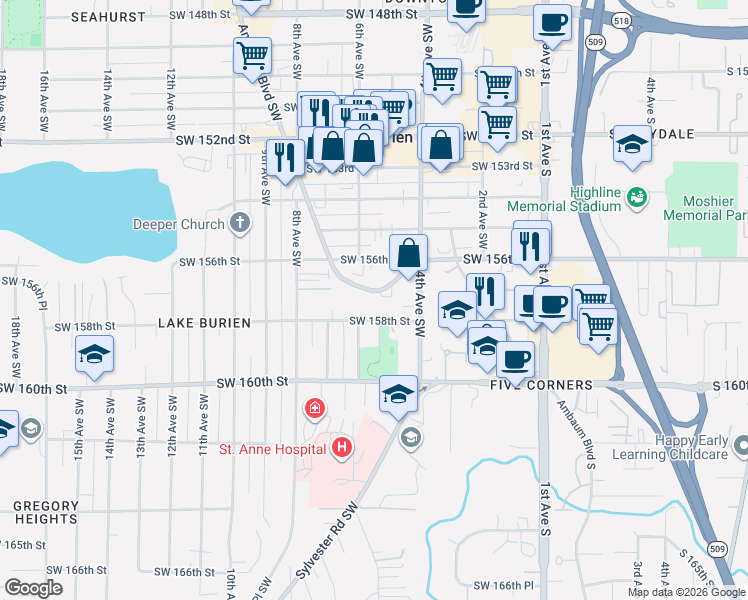 map of restaurants, bars, coffee shops, grocery stores, and more near 522 Southwest 158th Street in Burien
