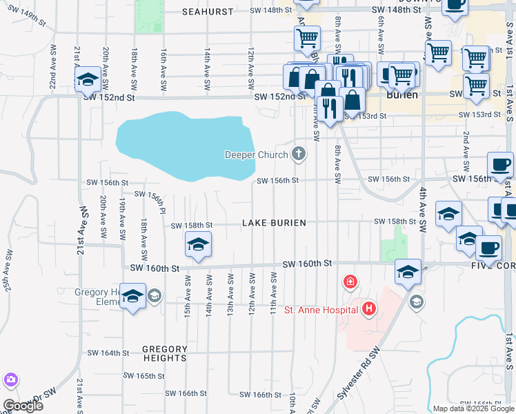 map of restaurants, bars, coffee shops, grocery stores, and more near 15655 11th Avenue Southwest in Burien