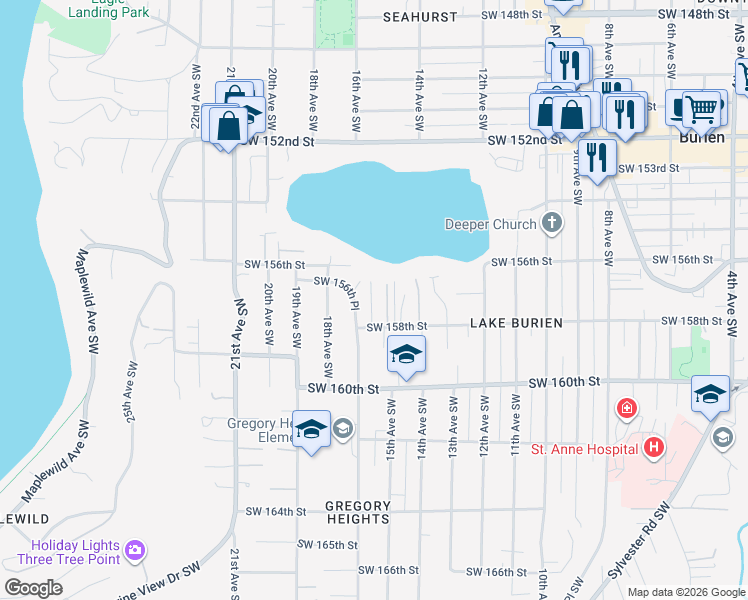 map of restaurants, bars, coffee shops, grocery stores, and more near 1520 Southwest 158th Street in Burien