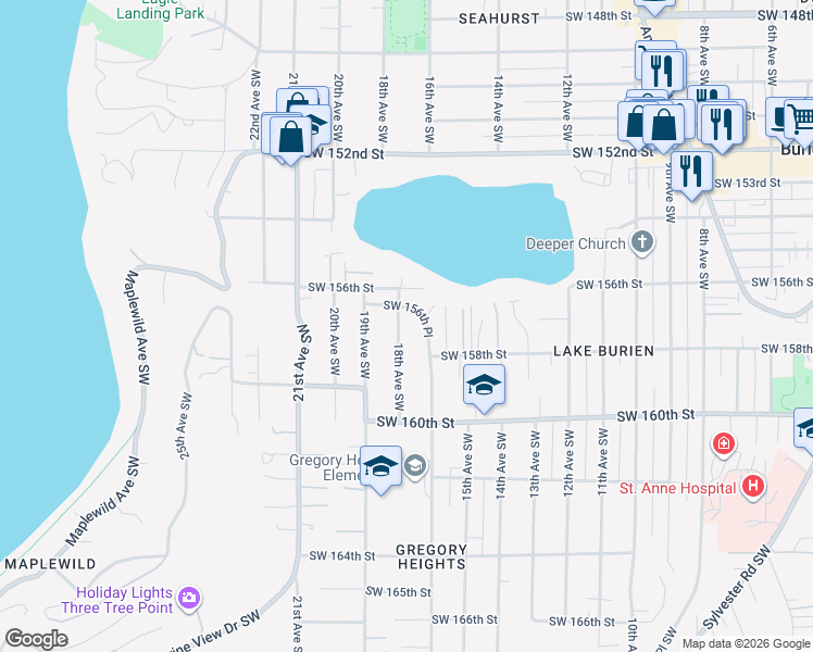 map of restaurants, bars, coffee shops, grocery stores, and more near 15640 18th Avenue Southwest in Burien
