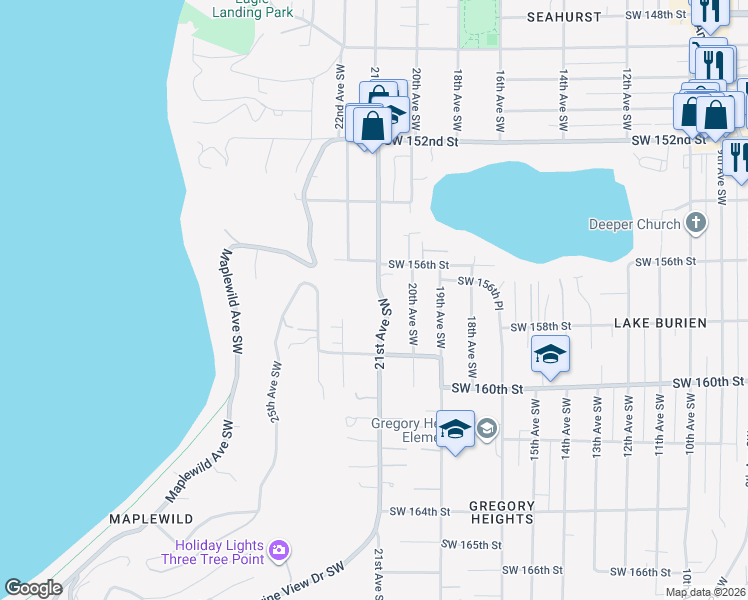 map of restaurants, bars, coffee shops, grocery stores, and more near 15804 22nd Avenue Southwest in Burien