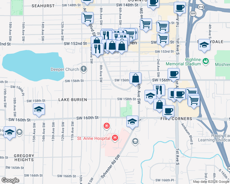 map of restaurants, bars, coffee shops, grocery stores, and more near 615 Ambaum Boulevard Southwest in Burien