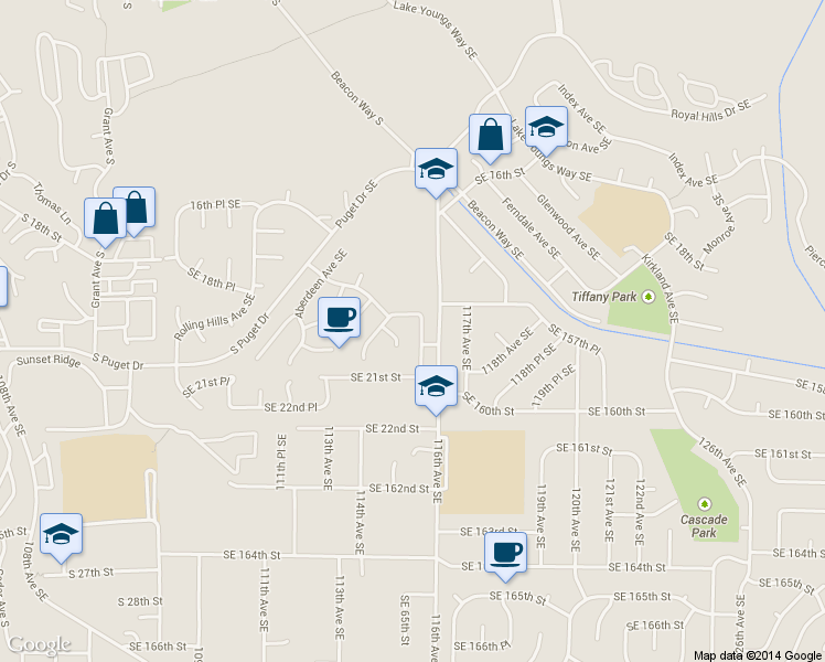 map of restaurants, bars, coffee shops, grocery stores, and more near 2408 Southeast 19th Street in Renton