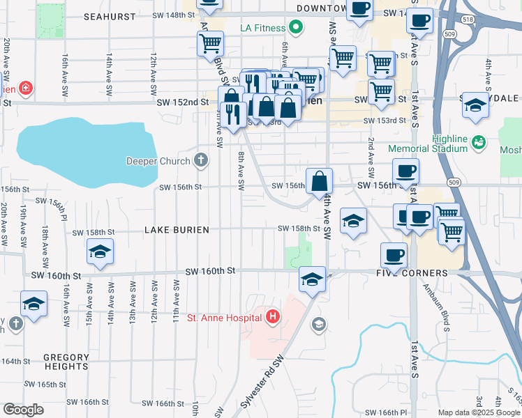 map of restaurants, bars, coffee shops, grocery stores, and more near 627 Ambaum Boulevard Southwest in Burien