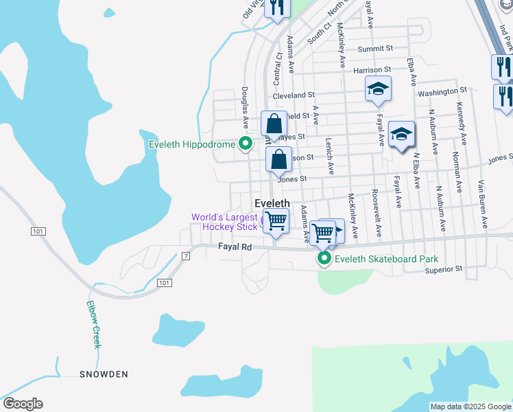 map of restaurants, bars, coffee shops, grocery stores, and more near 306 Jones Street in Eveleth