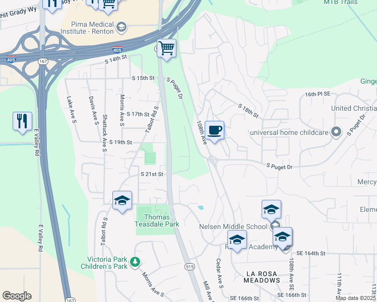 map of restaurants, bars, coffee shops, grocery stores, and more near in Renton