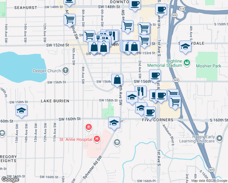 map of restaurants, bars, coffee shops, grocery stores, and more near 421 Ambaum Boulevard Southwest in Burien
