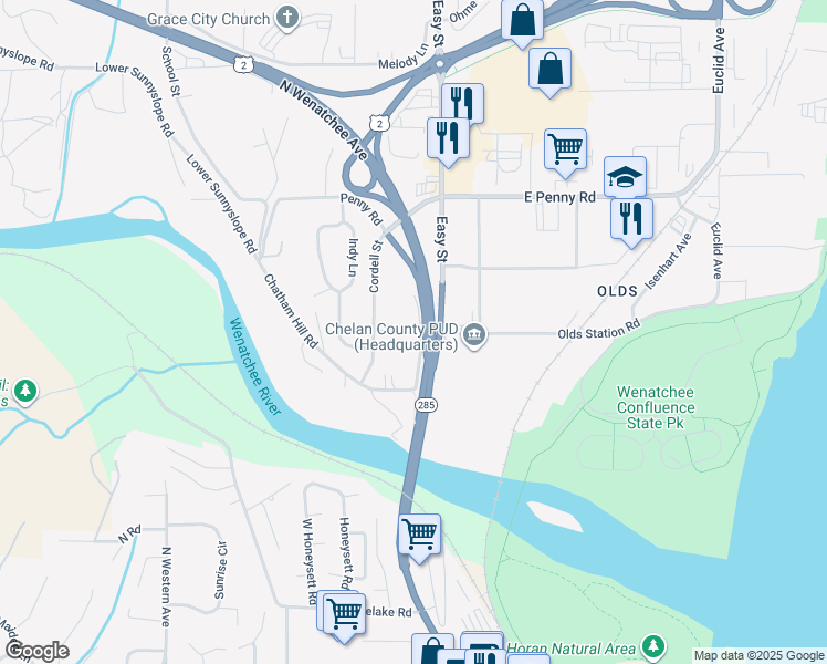 map of restaurants, bars, coffee shops, grocery stores, and more near North Wenatchee Avenue in Wenatchee
