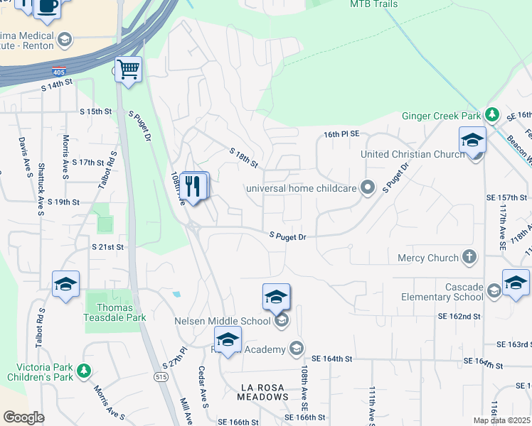 map of restaurants, bars, coffee shops, grocery stores, and more near 1817 Grant Avenue South in Renton